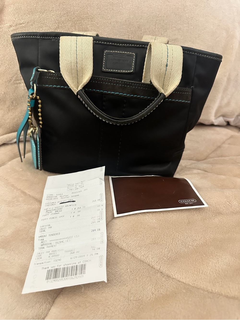 Coach Black Nylon Tote with Cream Handles and Teal Charm